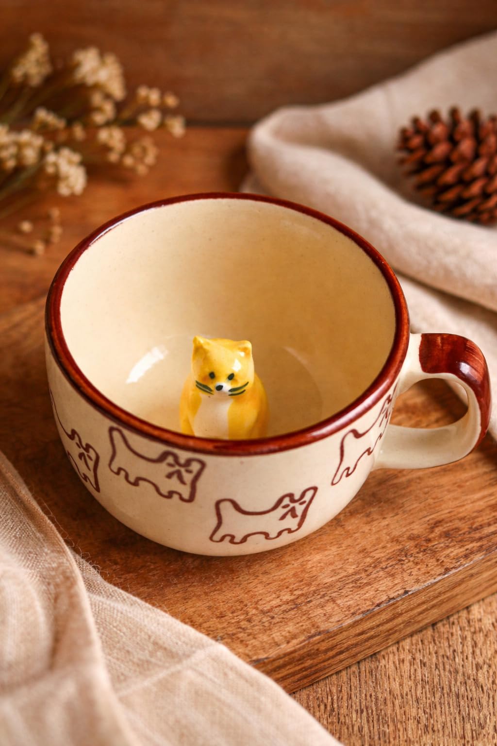 OCEAN STORE Large Cute Cat Surprise Ceramic Coffee Mug/Tea Cup - 3D Hidden Animal Figurine Inside | Microwave & Dishwasher Safe, Lead-Free | Perfect for Gifting (Cream/Brown) (1, 280ml Capacity)