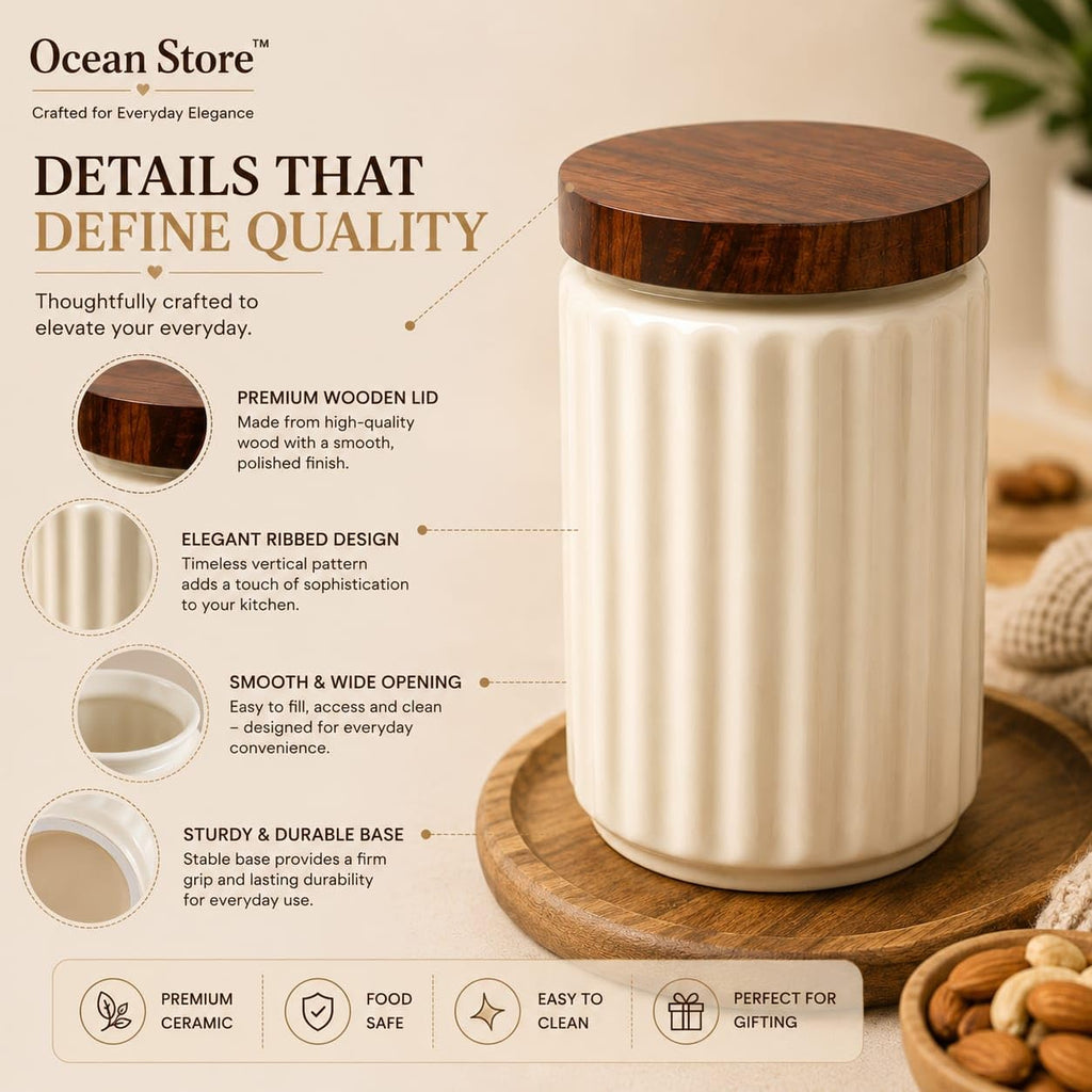 OCEAN STORE Airtight Ceramic Jar with Wooden Lid, 900ml, Cream, Square, Kitchen Container for Sugar, Tea, Salt, Pickles (White)