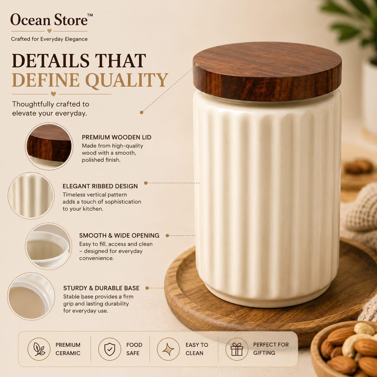 OCEAN STORE Airtight Ceramic Jar with Wooden Lid, 900ml, Cream, Square, Kitchen Container for Sugar, Tea, Salt, Pickles (White)