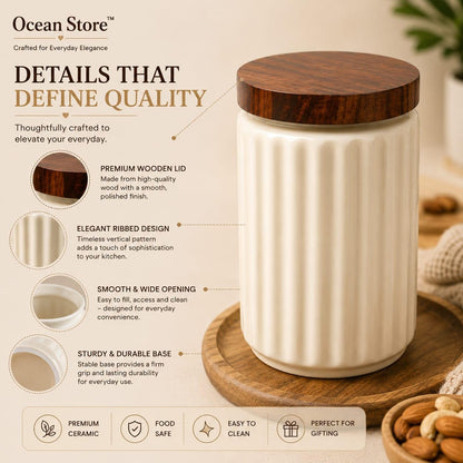 OCEAN STORE Airtight Ceramic Jar with Wooden Lid, 900ml, Cream, Square, Kitchen Container for Sugar, Tea, Salt, Pickles (White)