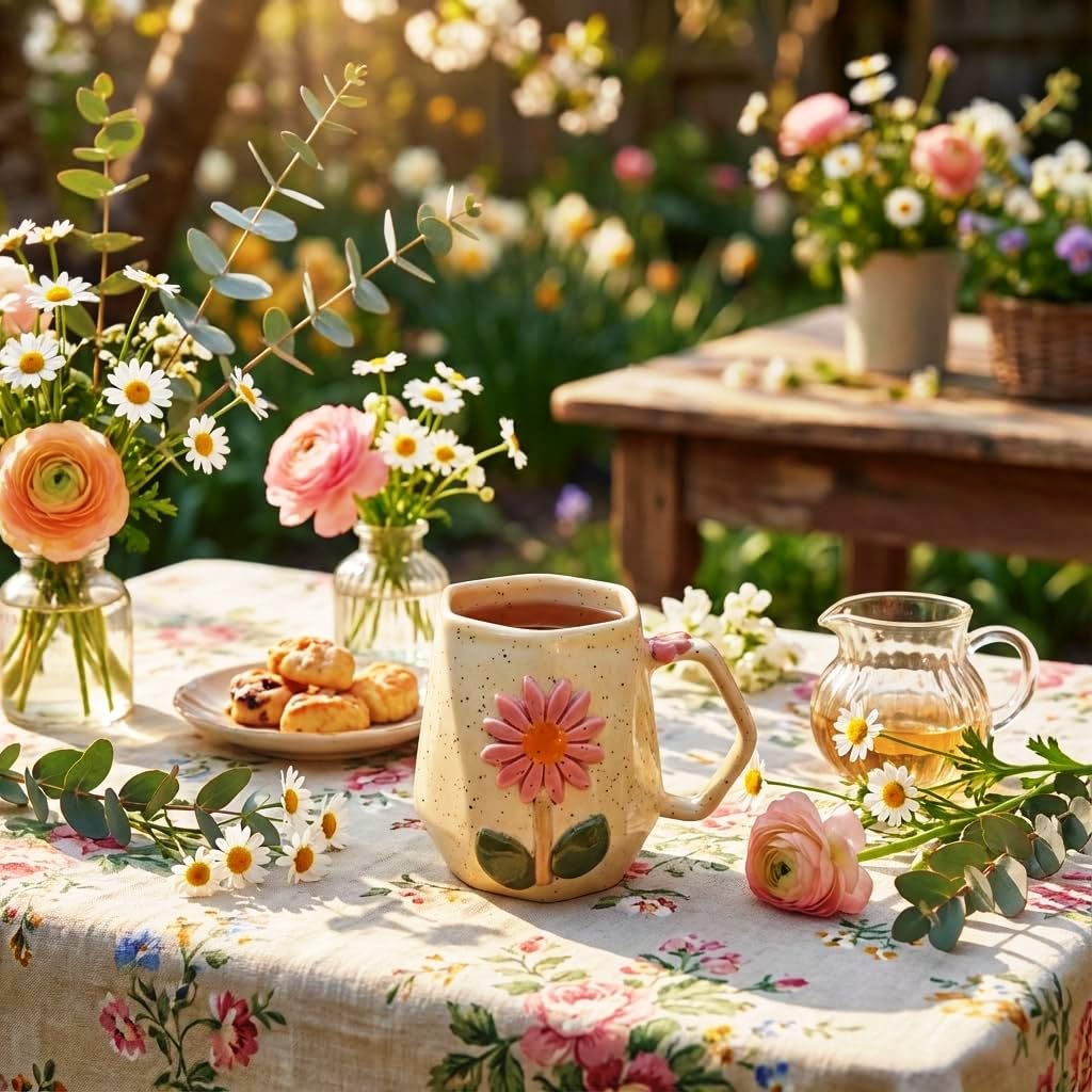 OCEAN STORE Ceramic Hexagonal Flower 240ml Coffee Mug – 3D Floral Design, Aesthetic Hand-Painted Tea Cup for Home & Office, Unique Gift for Women & Girls (Light Green)