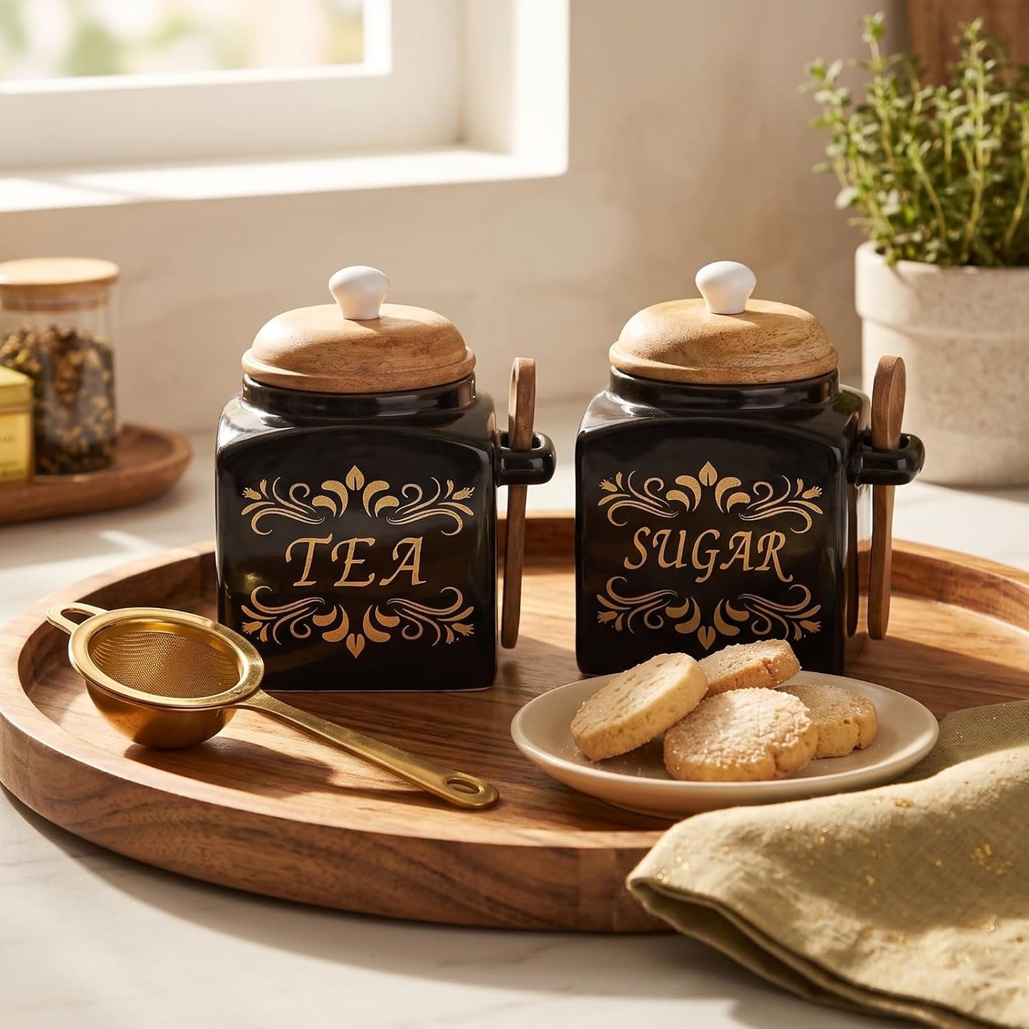 OCEAN STORE Ceramic Tea & Sugar Storage Jar Set with Wooden Lid & Spoon Holder, Black & Gold Kitchen Canister Set, Pack of 2