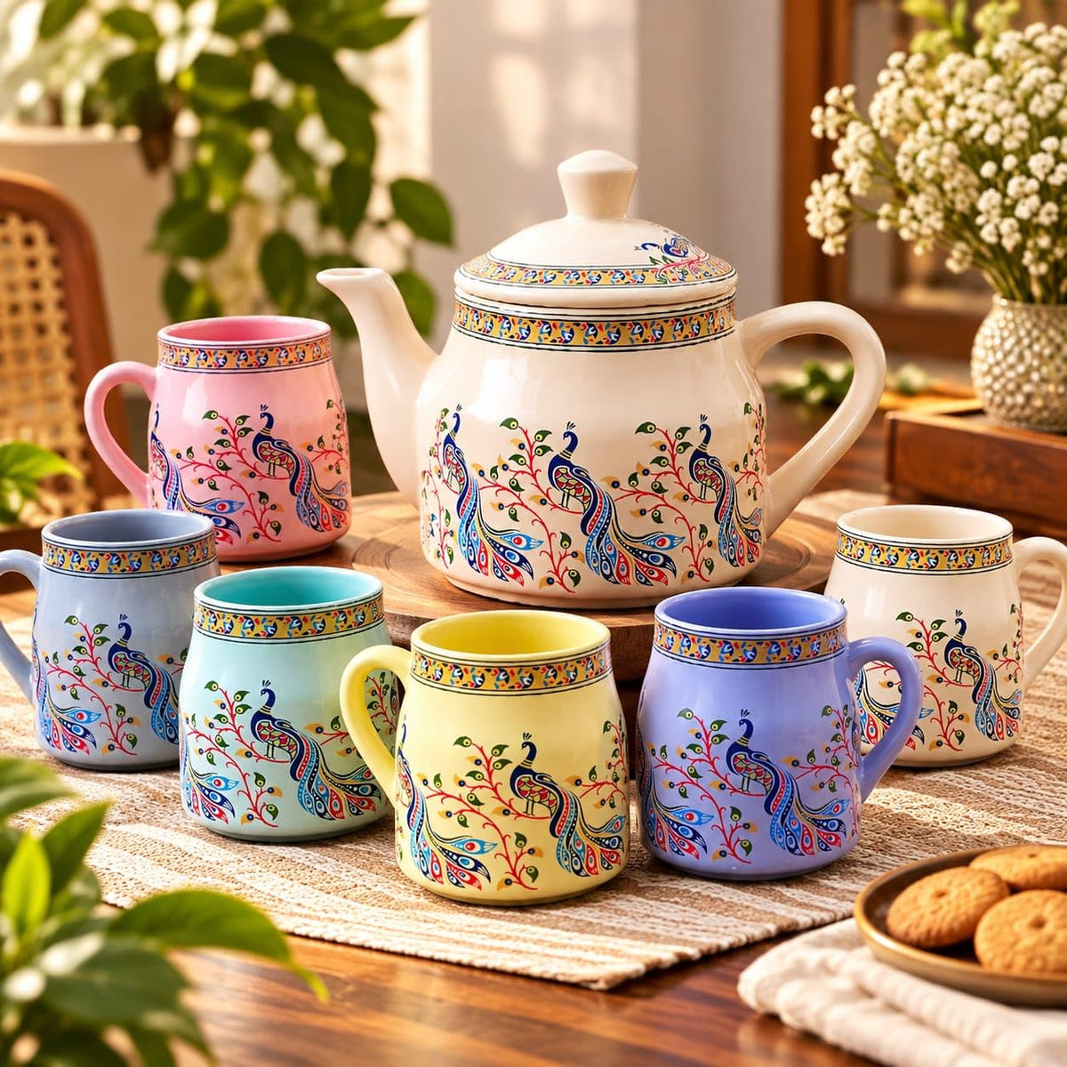 Ocean Store Ceramic Tea Set of 7, Peacock Design, 720 ml Teapot with Lid and 6 Cups of 150 ml Each, Multicolour, for Serving and Gifting