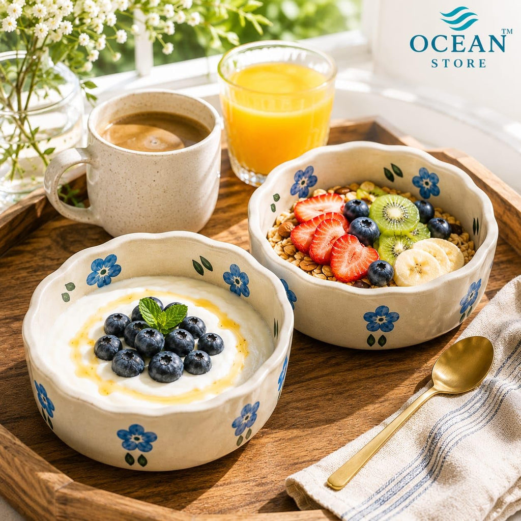 OCEAN STORE Ceramic Hand-Painted Floral Serving Bowl, 250ml, Microwave and Dishwasher Safe, Lead-Free, for Salad, Snack, and Dessert (Botanical Stem, Set of 1)