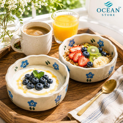 OCEAN STORE Ceramic Hand-Painted Floral Serving Bowl, 250ml, Microwave and Dishwasher Safe, Lead-Free, for Salad, Snack, and Dessert (Botanical Stem, Set of 1)