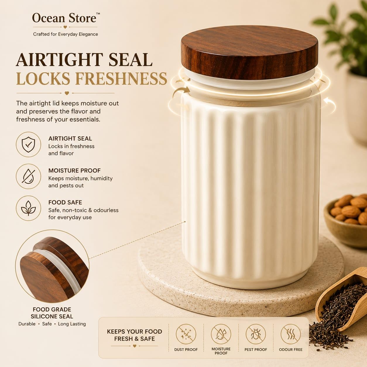 OCEAN STORE Airtight Ceramic Jar with Wooden Lid, 900ml, Cream, Square, Kitchen Container for Sugar, Tea, Salt, Pickles (White)