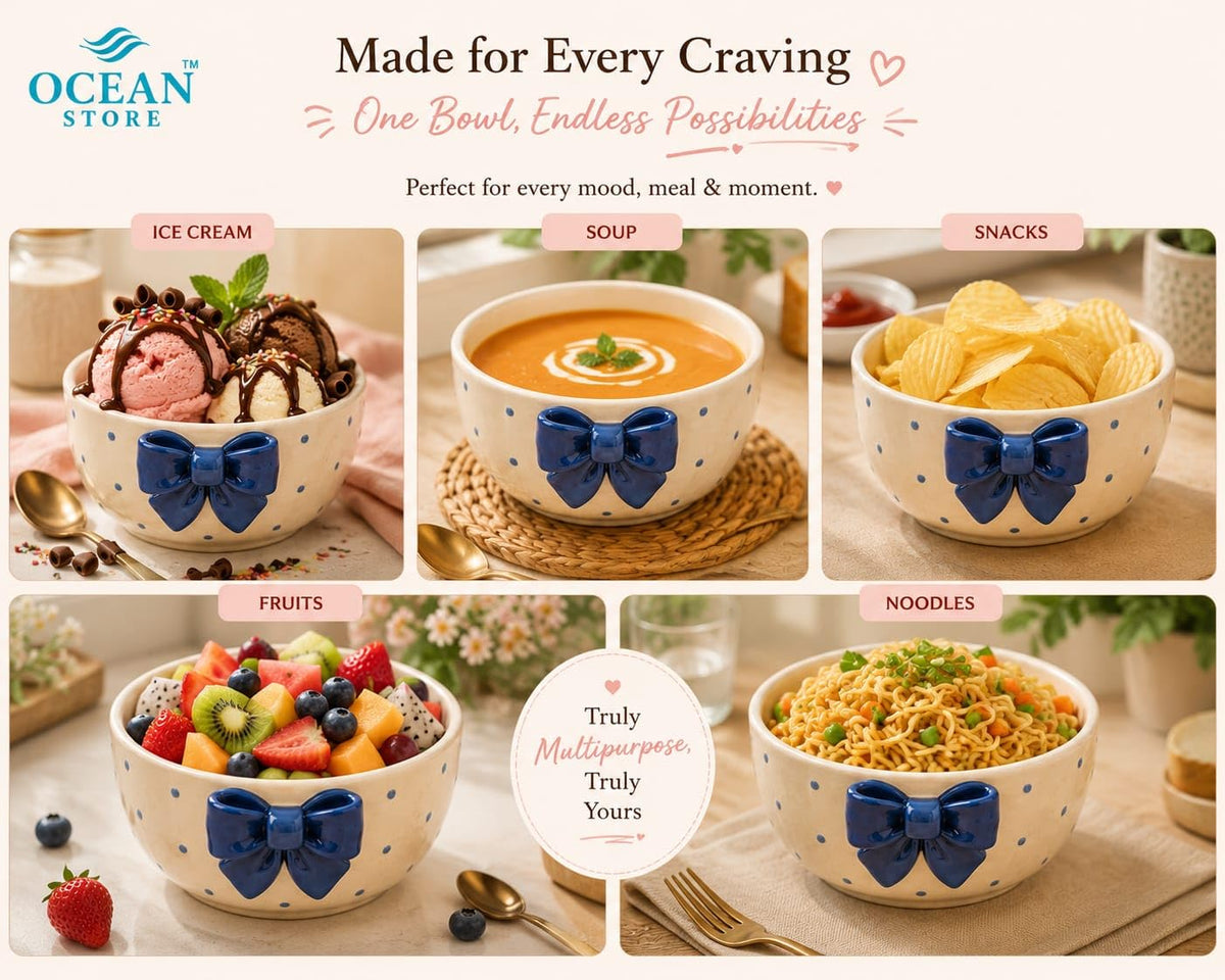 OCEAN STORE Cute Ceramic Bowl with Bow Accent, 250ml Hand-Painted Polka Dot Multipurpose Serving Bowl for Ice Cream, Soup, Snacks, and Noodles (Pink Bow, Set of 1)