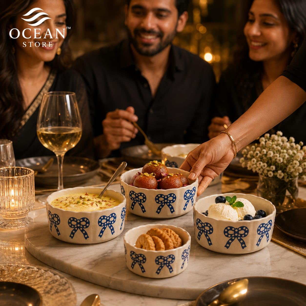 OCEAN STORE Ceramic Ribbon Bowl 250ml | Cute Hand-Painted Ribbon Bow Tie Snack and Serving Bowl | Microwave and Dishwasher Safe Ceramic Bowl (Blue Ribbon, Set of 1)