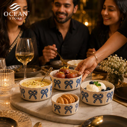 OCEAN STORE Ceramic Ribbon Bowl 250ml | Cute Hand-Painted Ribbon Bow Tie Snack and Serving Bowl | Microwave and Dishwasher Safe Ceramic Bowl (Blue Ribbon, Set of 1)