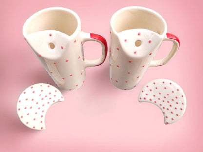 OCEAN STORE Ceramic Tumbler Coffee Mug with Lid & Stainless Steel Straw, White with Red Polka Dots, for Tea, Coffee & Milk (Pack of 1) (Pack of 1)