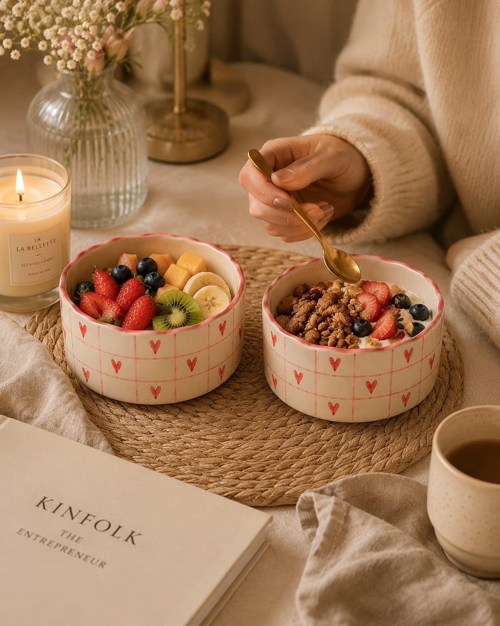OCEAN STORE Ceramic Bowl with Red Heart Grid Pattern 250ml | Wavy Rim Cute Serving Bowl for Breakfast, Cereal, Salad, Fruits | Microwave & Oven Safe (Set of 2)