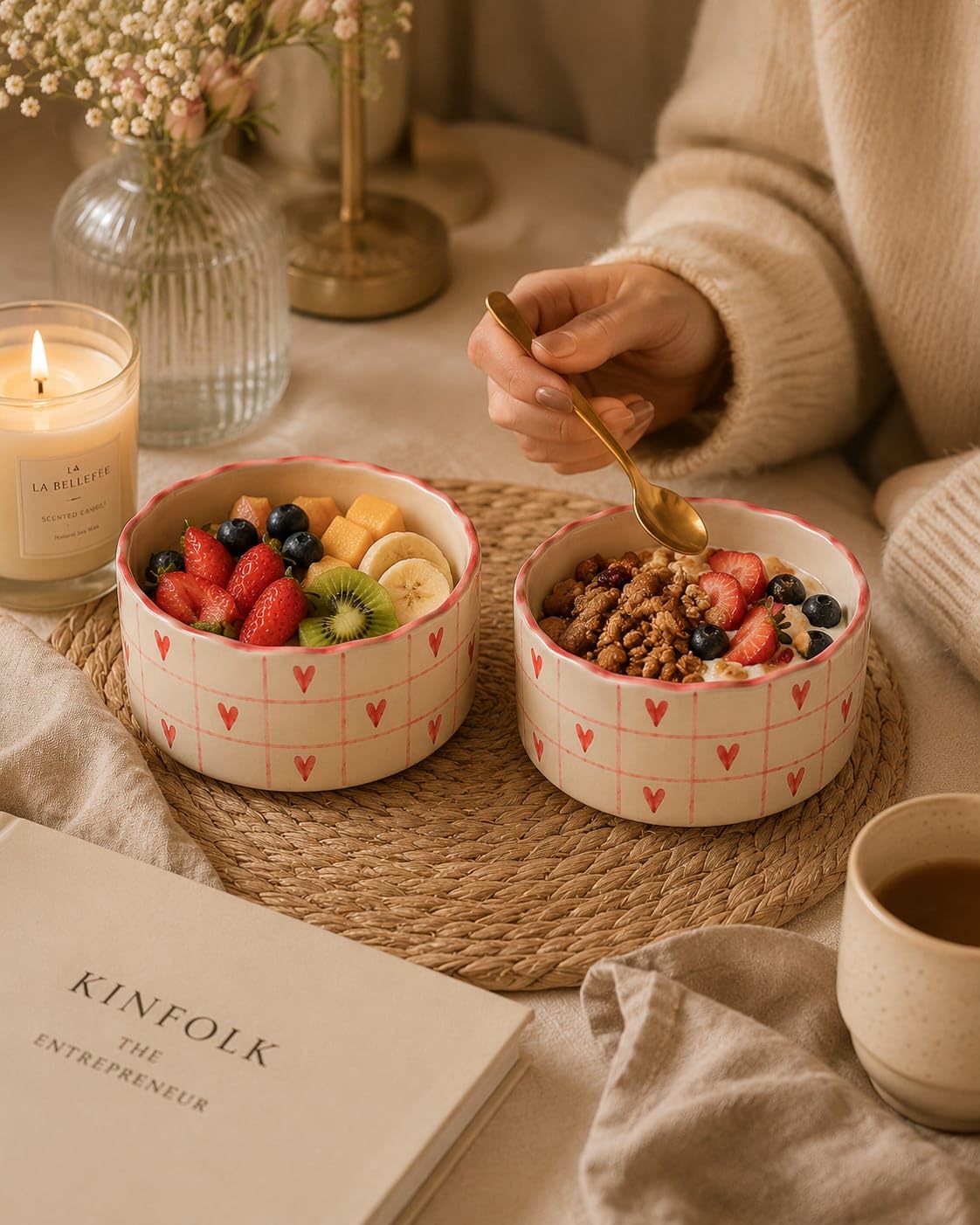 OCEAN STORE Ceramic Bowl with Red Heart Grid Pattern 250ml | Wavy Rim Cute Serving Bowl for Breakfast, Cereal, Salad, Fruits | Microwave & Oven Safe (Set of 2)
