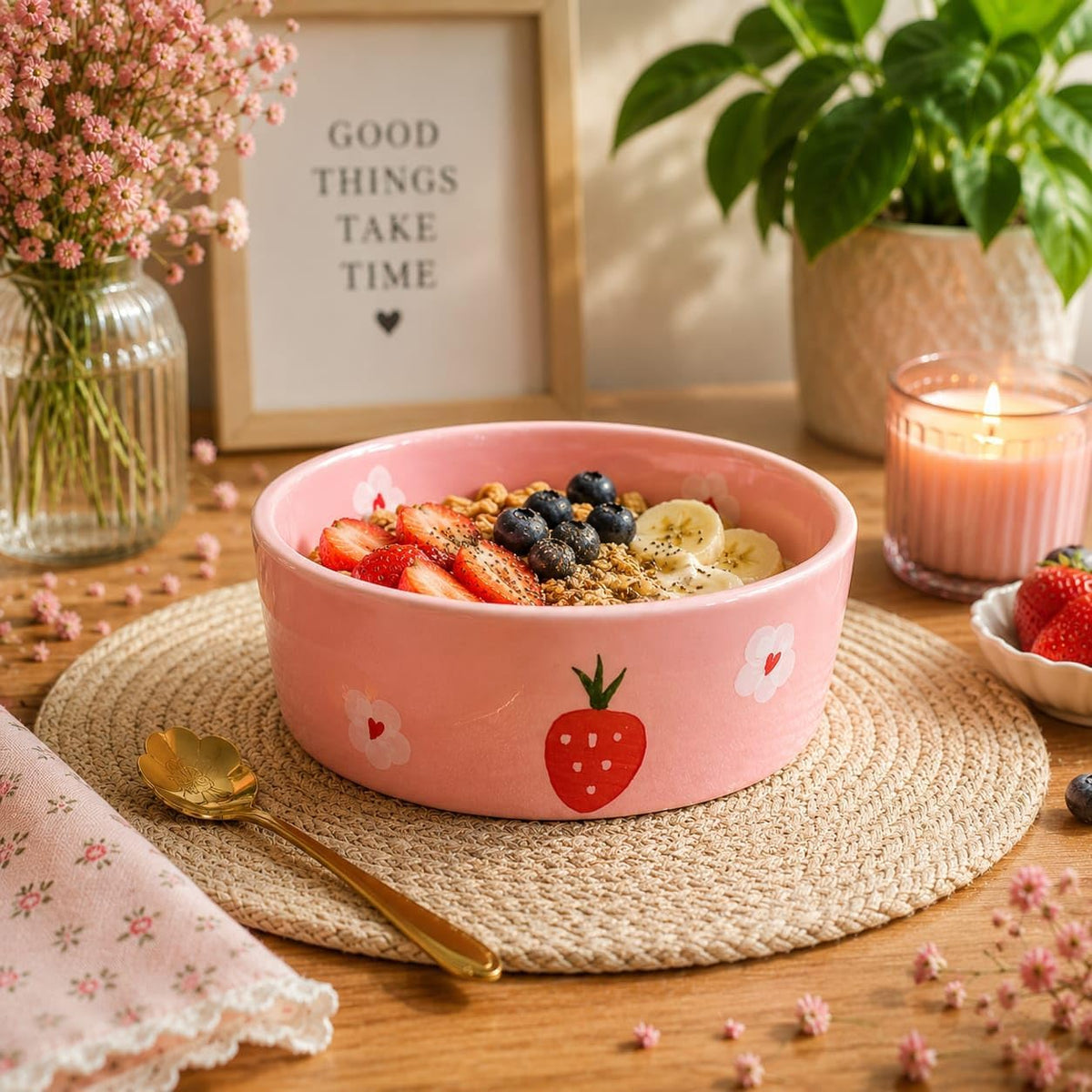 Ocean Store Pink Strawberry Ceramic Bowl, 250ml | Hand-Painted
