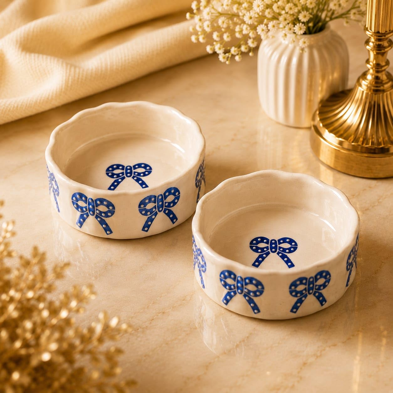 OCEAN STORE Ceramic Ribbon Bowl 250ml | Cute Hand-Painted Ribbon Bow Tie Snack and Serving Bowl | Microwave and Dishwasher Safe Ceramic Bowl (Blue Ribbon, Set of 1)