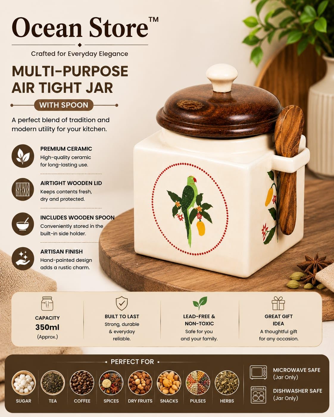 OCEAN STORE Airtight Ceramic Jar with Wooden Lid, 900ml, Cream, Square, Kitchen Container for Sugar, Tea, Salt, Pickles (White)