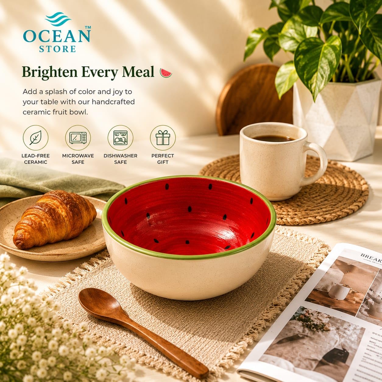 OCEAN STORE Handcrafted Watermelon Ceramic Fruit Bowl, 220ml | Premium Lead-Free Microwave & Dishwasher Safe, Dessert & Ice Cream Serving Bowl (Set of 1)