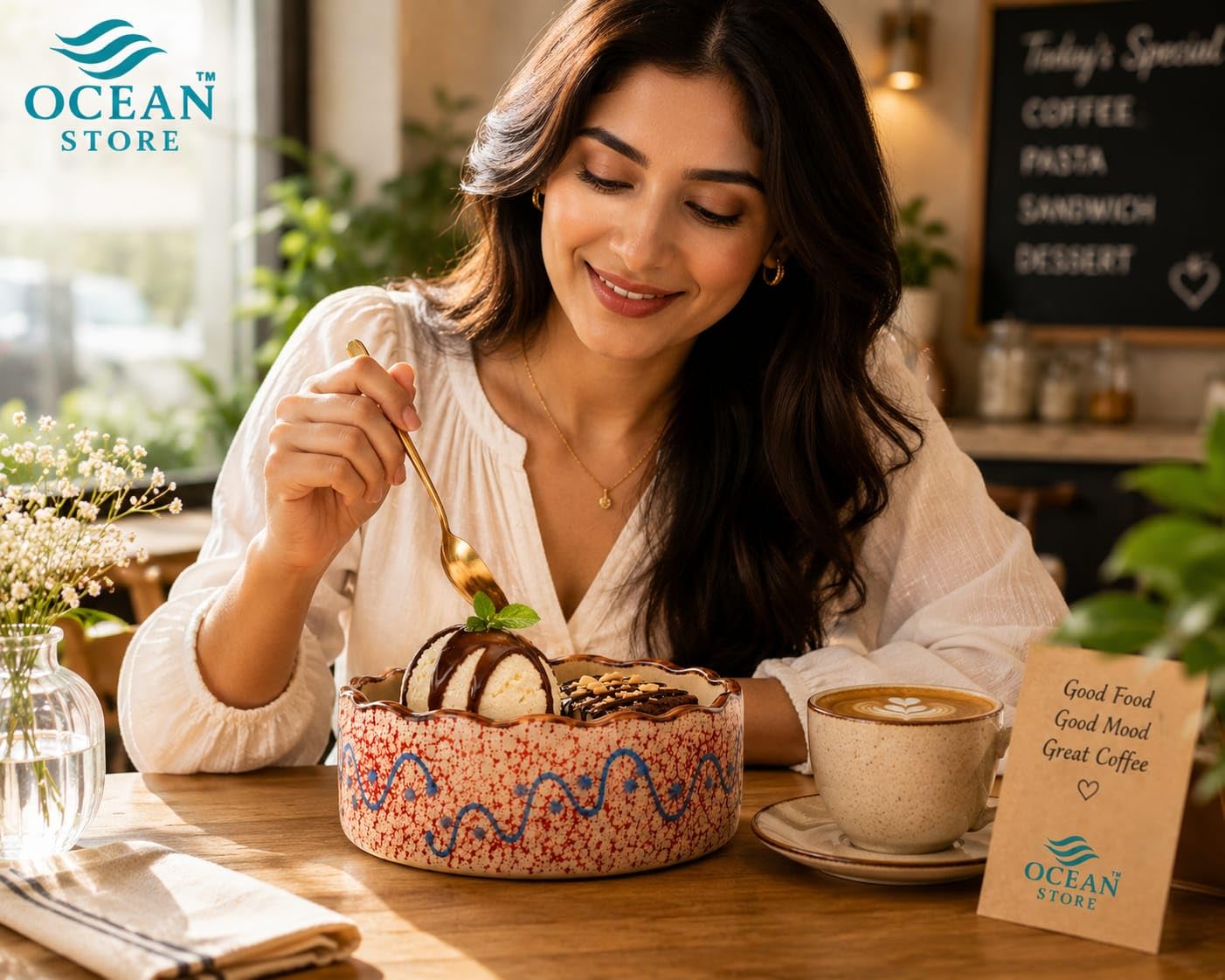 OCEAN STORE Ceramic Multipurpose Bowl 250ml - Hand-Painted Wavy Rim Serving Bowl for Ice Cream, Soup, Snacks, Fruits, Noodles - Microwave & Dishwasher Safe, Food Grade, Chip-Resistant (Single Piece)