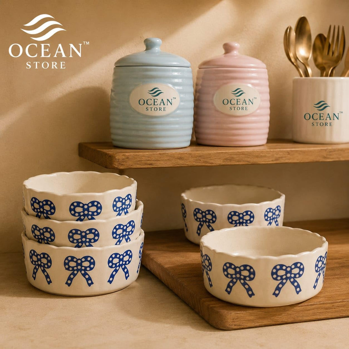 OCEAN STORE Ceramic Ribbon Bowl 250ml | Cute Hand-Painted Ribbon Bow Tie Snack and Serving Bowl | Microwave and Dishwasher Safe Ceramic Bowl (Blue Ribbon, Set of 1)