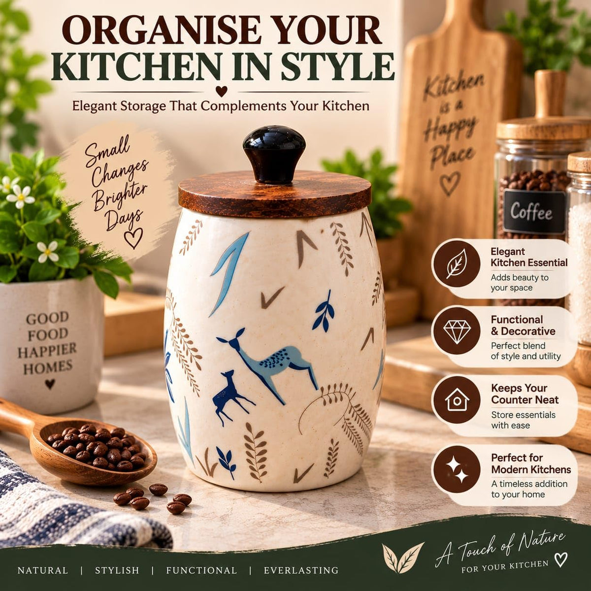 OCEAN STORE Ceramic Storage Jar with Wooden Lid, Deer and Nature Design, Kitchen Container for Tea, Coffee, Sugar and Spices, 1 Piece