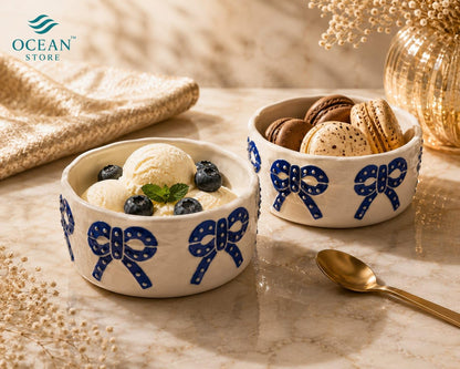 OCEAN STORE Ceramic Ribbon Bowl 250ml | Cute Hand-Painted Ribbon Bow Tie Snack and Serving Bowl | Microwave and Dishwasher Safe Ceramic Bowl (Blue Ribbon, Set of 1)