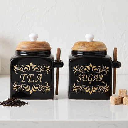 OCEAN STORE Ceramic Tea & Sugar Storage Jar Set with Wooden Lid & Spoon Holder, Black & Gold Kitchen Canister Set, Pack of 2