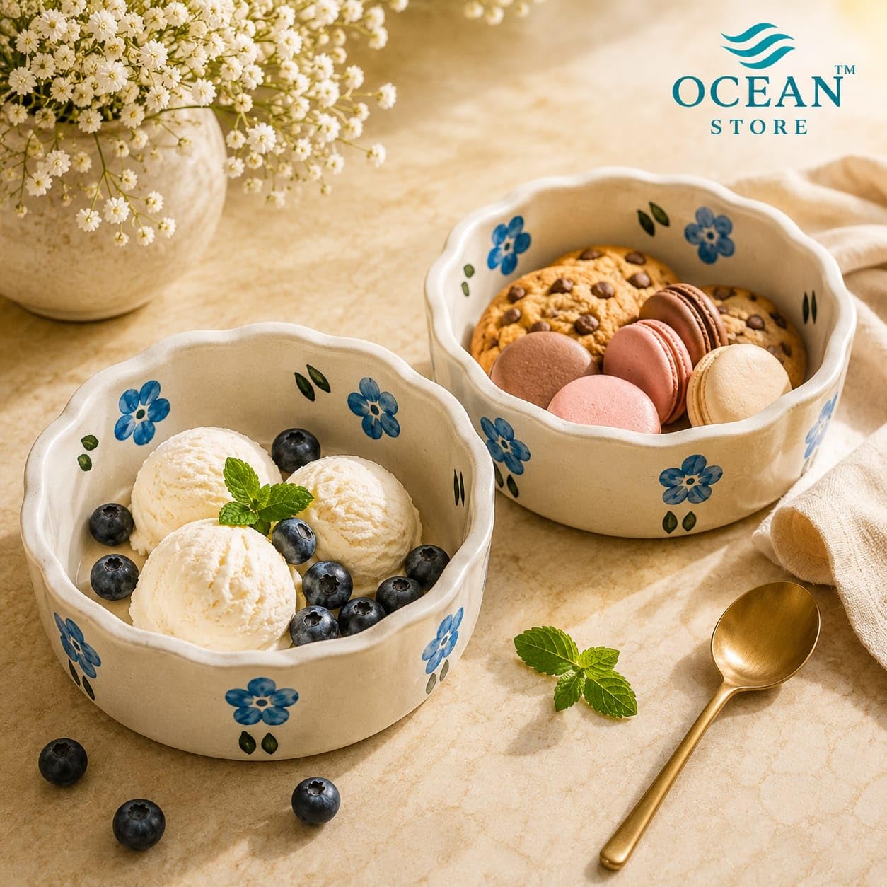OCEAN STORE Ceramic Hand-Painted Floral Serving Bowl, 250ml, Microwave and Dishwasher Safe, Lead-Free, for Salad, Snack, and Dessert (Botanical Stem, Set of 1)