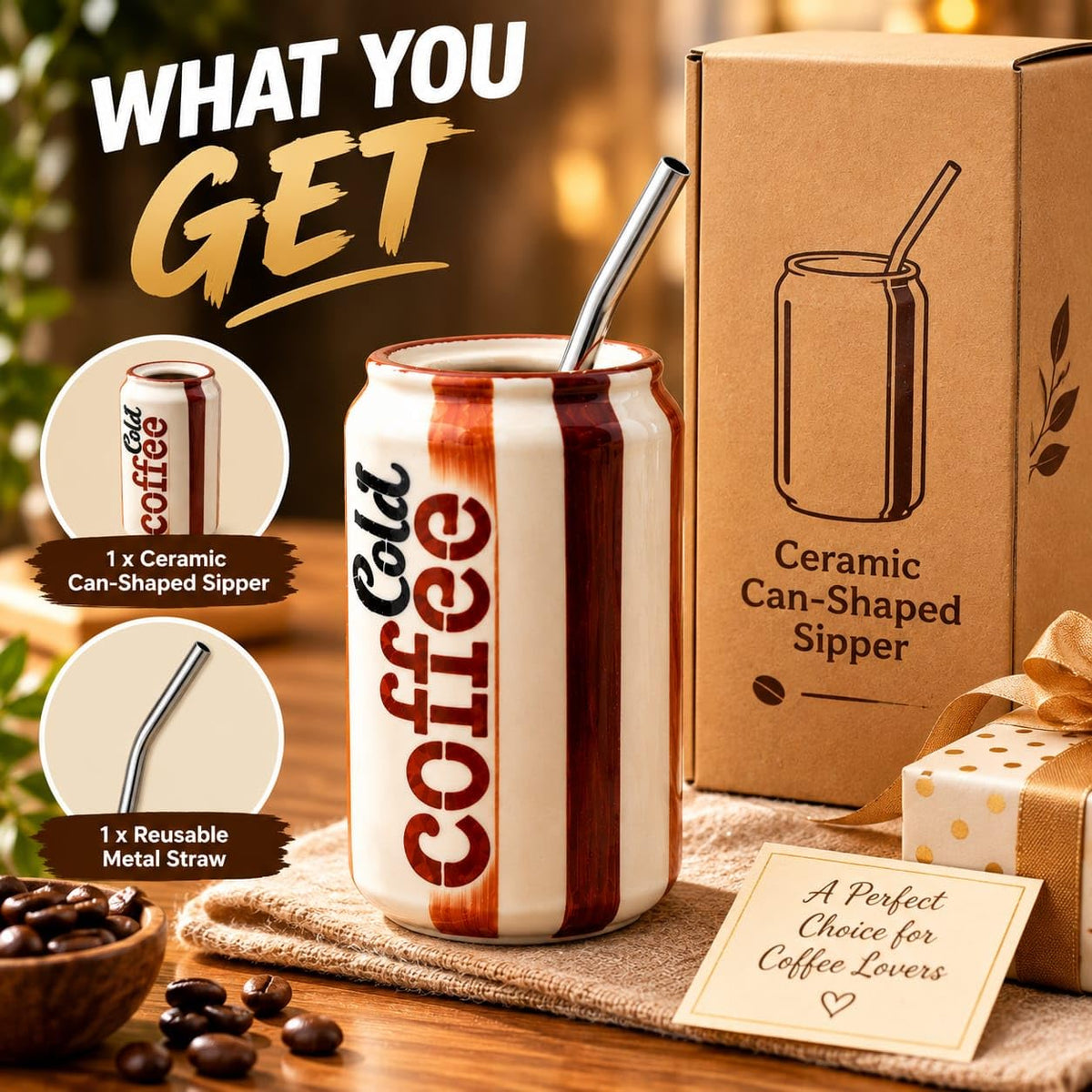 OCEAN STORE Ceramic Can Shaped Sipper with Reusable Metal Straw, 350 ml, Cold Coffee Print, Striped Tumbler for Iced Drinks, Cream and Brown