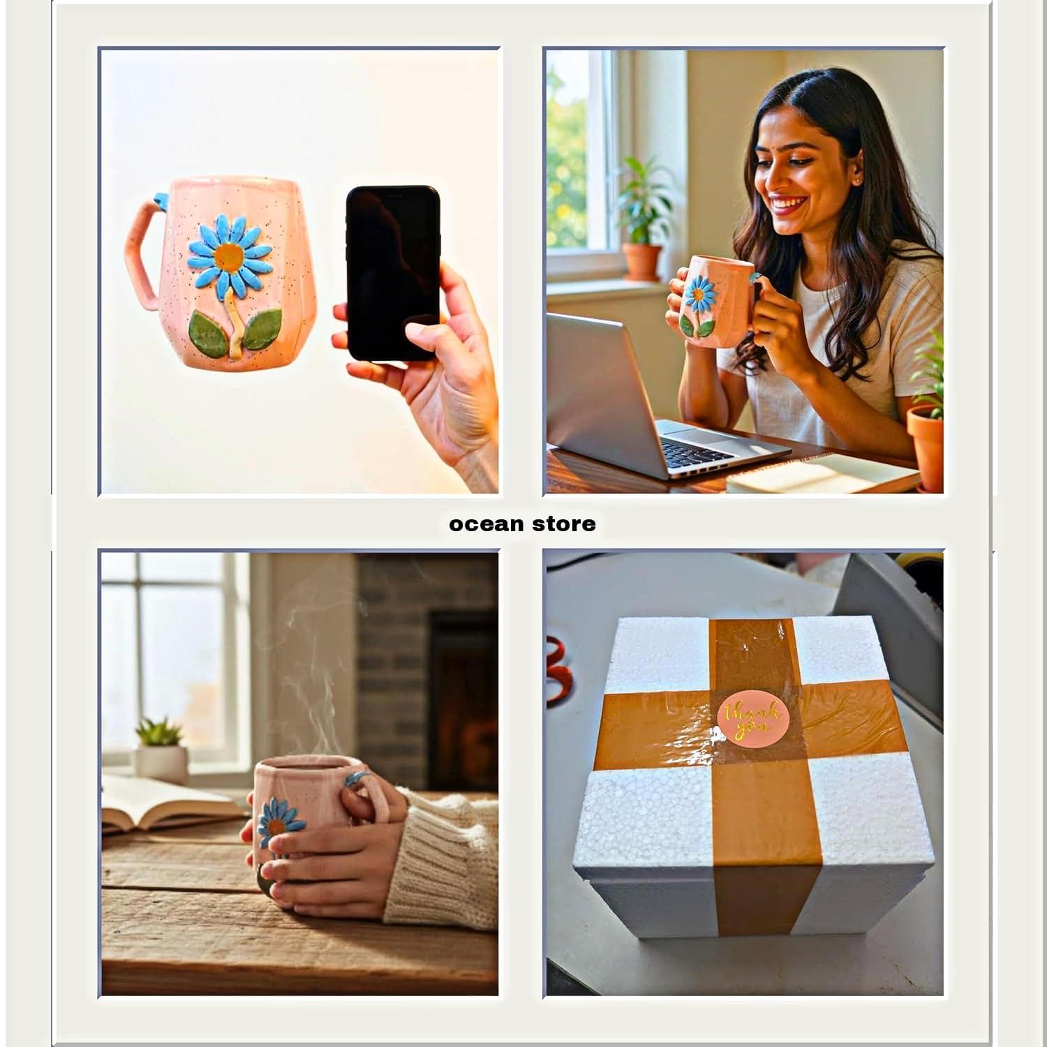 OCEAN STORE Ceramic Hexagonal Flower 240ml Coffee Mug – 3D Floral Design, Aesthetic Hand-Painted Tea Cup for Home & Office, Unique Gift for Women & Girls (Light Green)