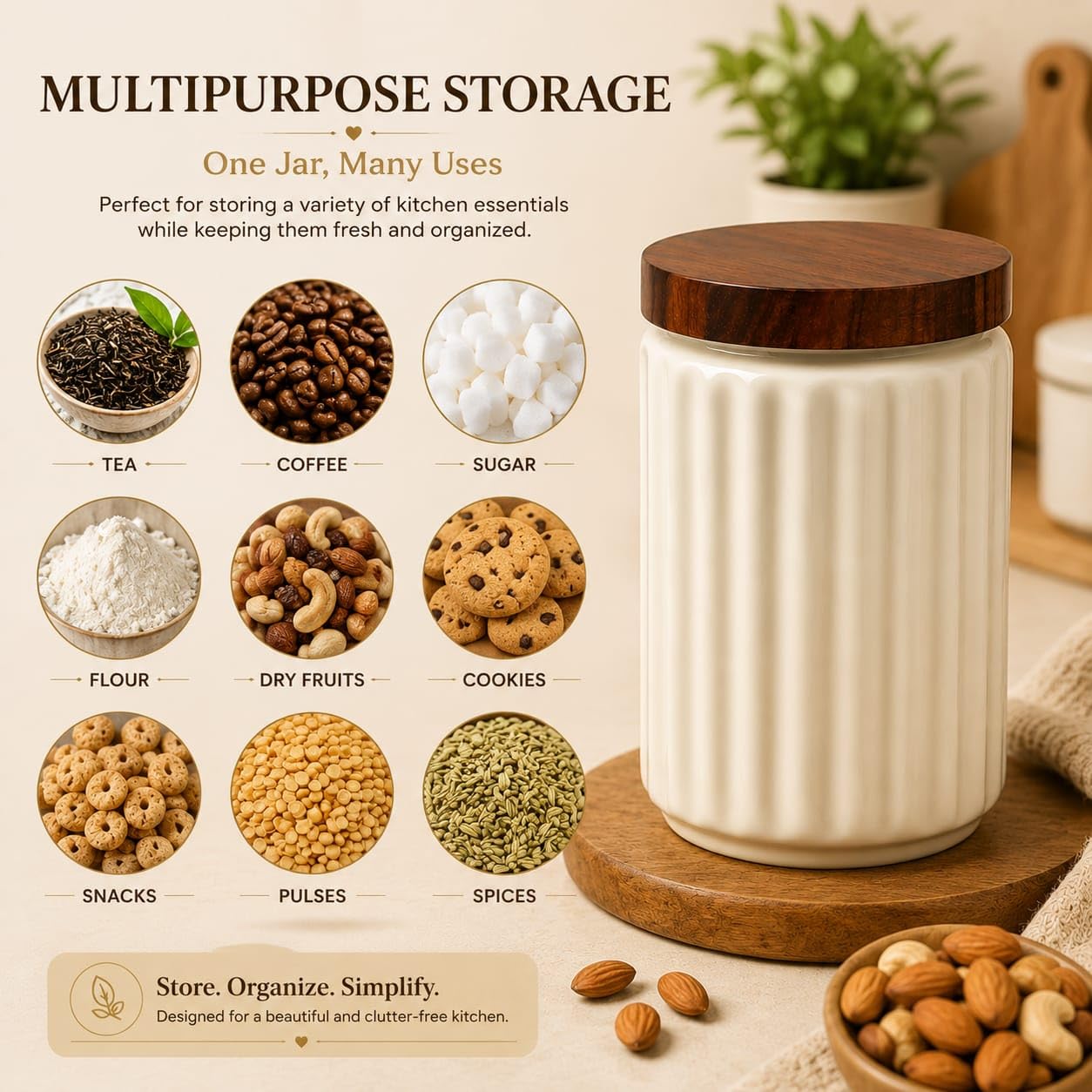 OCEAN STORE Airtight Ceramic Jar with Wooden Lid, 900ml, Cream, Square, Kitchen Container for Sugar, Tea, Salt, Pickles (White)