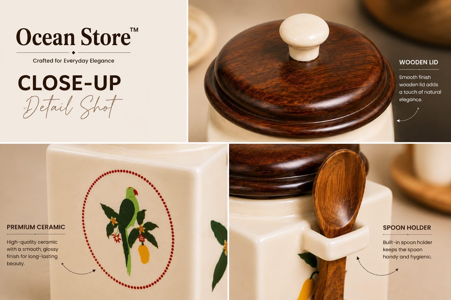 OCEAN STORE Airtight Ceramic Jar with Wooden Lid, 900ml, Cream, Square, Kitchen Container for Sugar, Tea, Salt, Pickles (White)