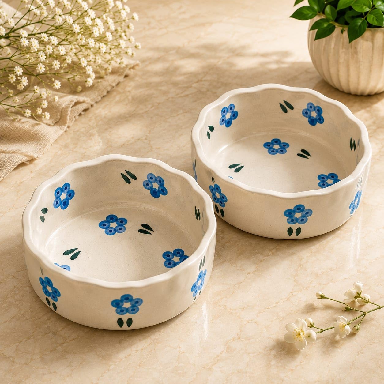 OCEAN STORE Ceramic Hand-Painted Floral Serving Bowl, 250ml, Microwave and Dishwasher Safe, Lead-Free, for Salad, Snack, and Dessert (Botanical Stem, Set of 1)