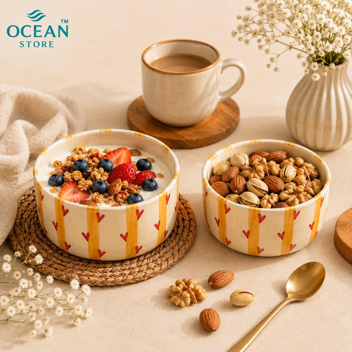 OCEAN STORE Hand-Painted Premium Ceramic Bowl | Yellow Stripes with Red Hearts | 250ml Microwave & Dishwasher Safe Small Round Serving Bowl for Snacks, Fruits & Desserts (Set of 1)
