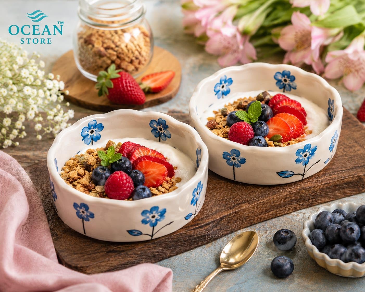 OCEAN STORE Ceramic Hand-Painted Floral Serving Bowl, 250ml, Microwave and Dishwasher Safe, Lead-Free, for Salad, Snack, and Dessert (Botanical Stem, Set of 1)