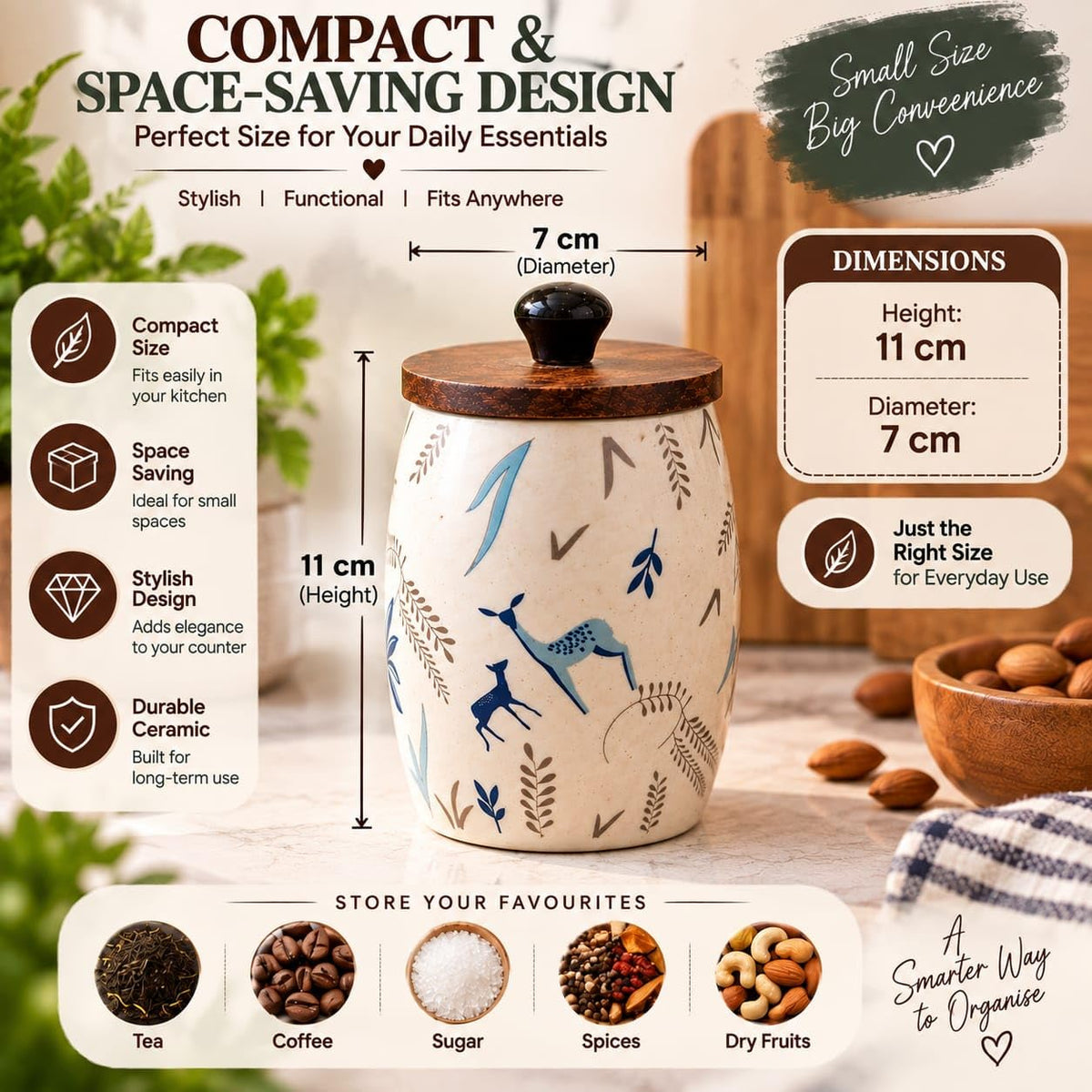 OCEAN STORE Ceramic Storage Jar with Wooden Lid, Deer and Nature Design, Kitchen Container for Tea, Coffee, Sugar and Spices, 1 Piece