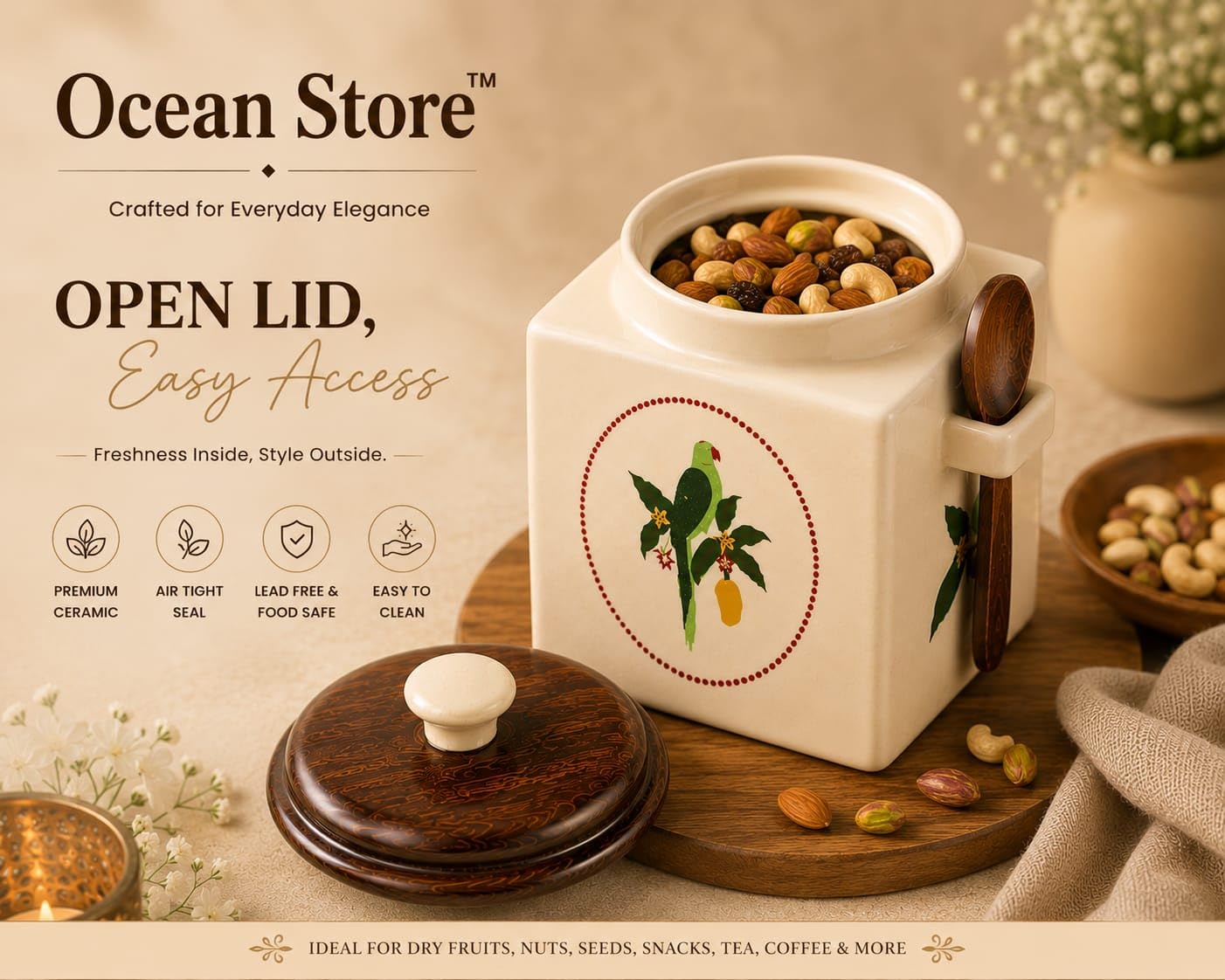 OCEAN STORE Airtight Ceramic Jar with Wooden Lid, 900ml, Cream, Square, Kitchen Container for Sugar, Tea, Salt, Pickles (White)