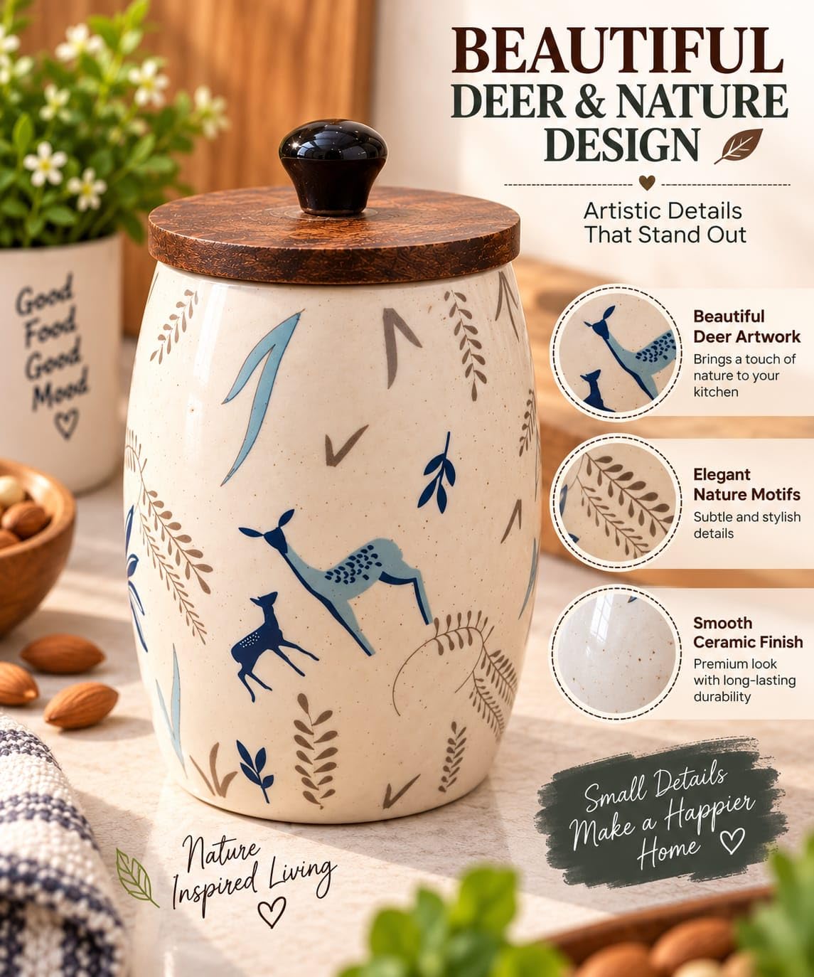 OCEAN STORE Ceramic Storage Jar with Wooden Lid, Deer and Nature Design, Kitchen Container for Tea, Coffee, Sugar and Spices, 1 Piece