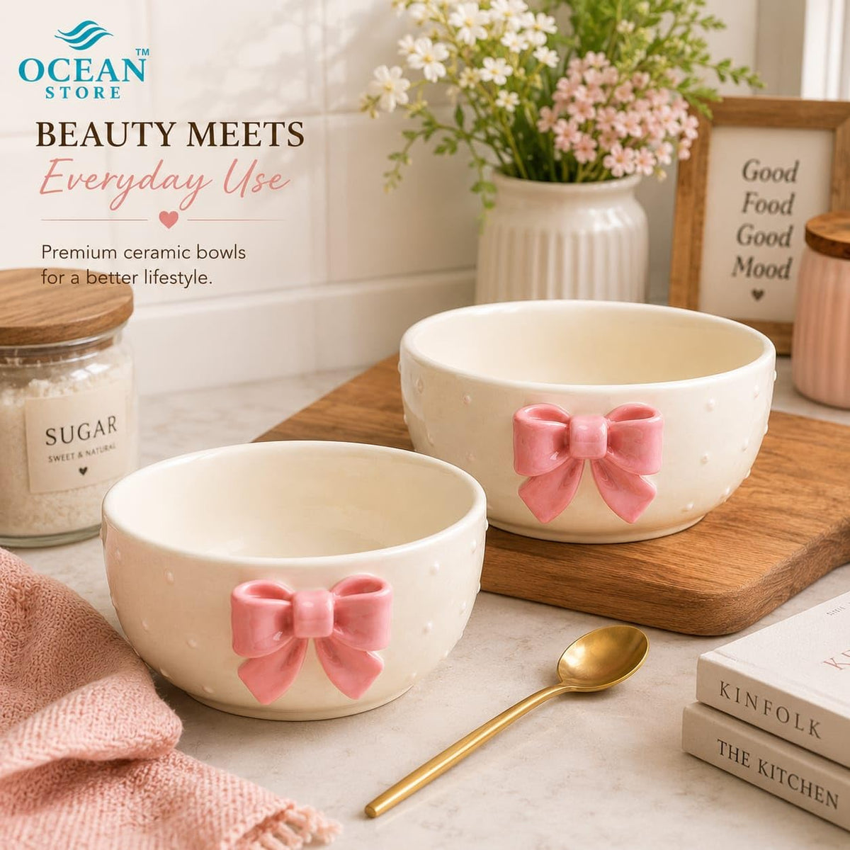 OCEAN STORE Cute Ceramic Bowl with Bow Accent, 250ml Hand-Painted Polka Dot Multipurpose Serving Bowl for Ice Cream, Soup, Snacks, and Noodles (Pink Bow, Set of 1)