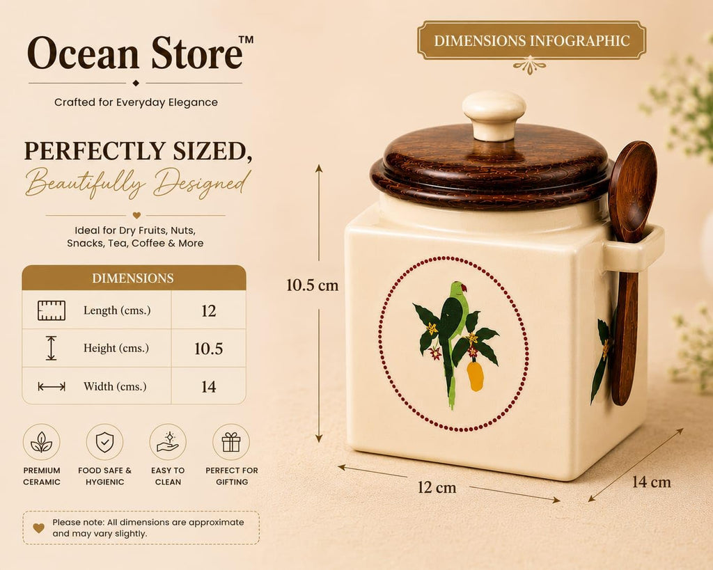 OCEAN STORE Airtight Ceramic Jar with Wooden Lid, 900ml, Cream, Square, Kitchen Container for Sugar, Tea, Salt, Pickles (White)