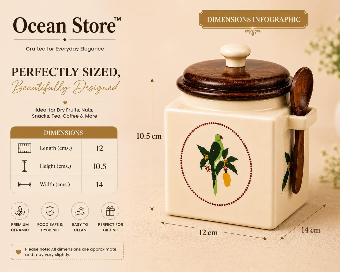OCEAN STORE Airtight Ceramic Jar with Wooden Lid, 900ml, Cream, Square, Kitchen Container for Sugar, Tea, Salt, Pickles (White)