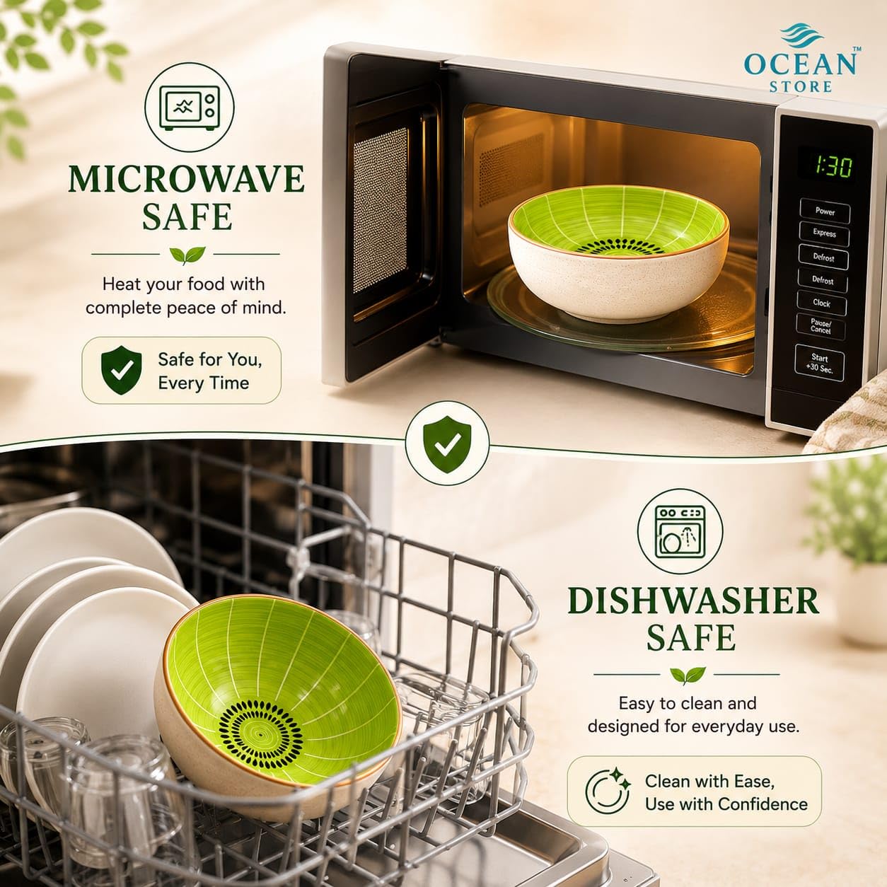 OCEAN STORE Handcrafted Kiwi Ceramic Serving Bowl, 220ml, Microwave and Dishwasher Safe, Lead-Free, for Snacks, Fruits, Ice Cream, and Salad (Set of 1)
