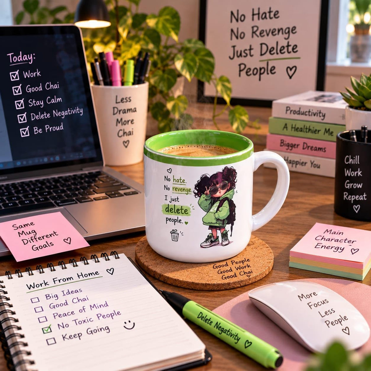 OCEAN STORE Printed Ceramic Coffee Mug with Funny and Motivational Quote, 350ml, Set of 1, Delete People Quote – Green