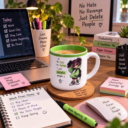 OCEAN STORE Printed Ceramic Coffee Mug with Funny and Motivational Quote, 350ml, Set of 1, Delete People Quote – Green