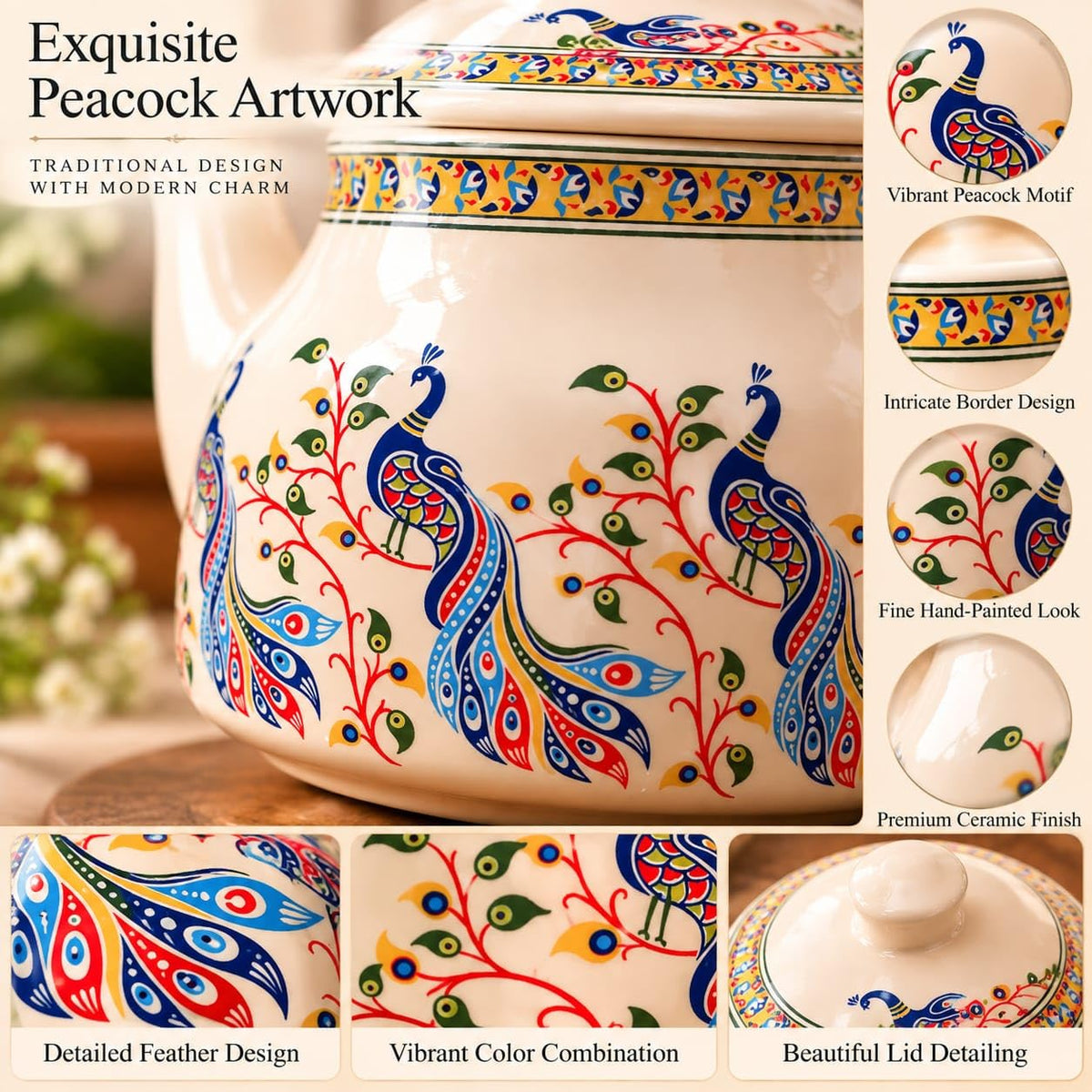 Ocean Store Ceramic Tea Set of 7, Peacock Design, 720 ml Teapot with Lid and 6 Cups of 150 ml Each, Multicolour, for Serving and Gifting