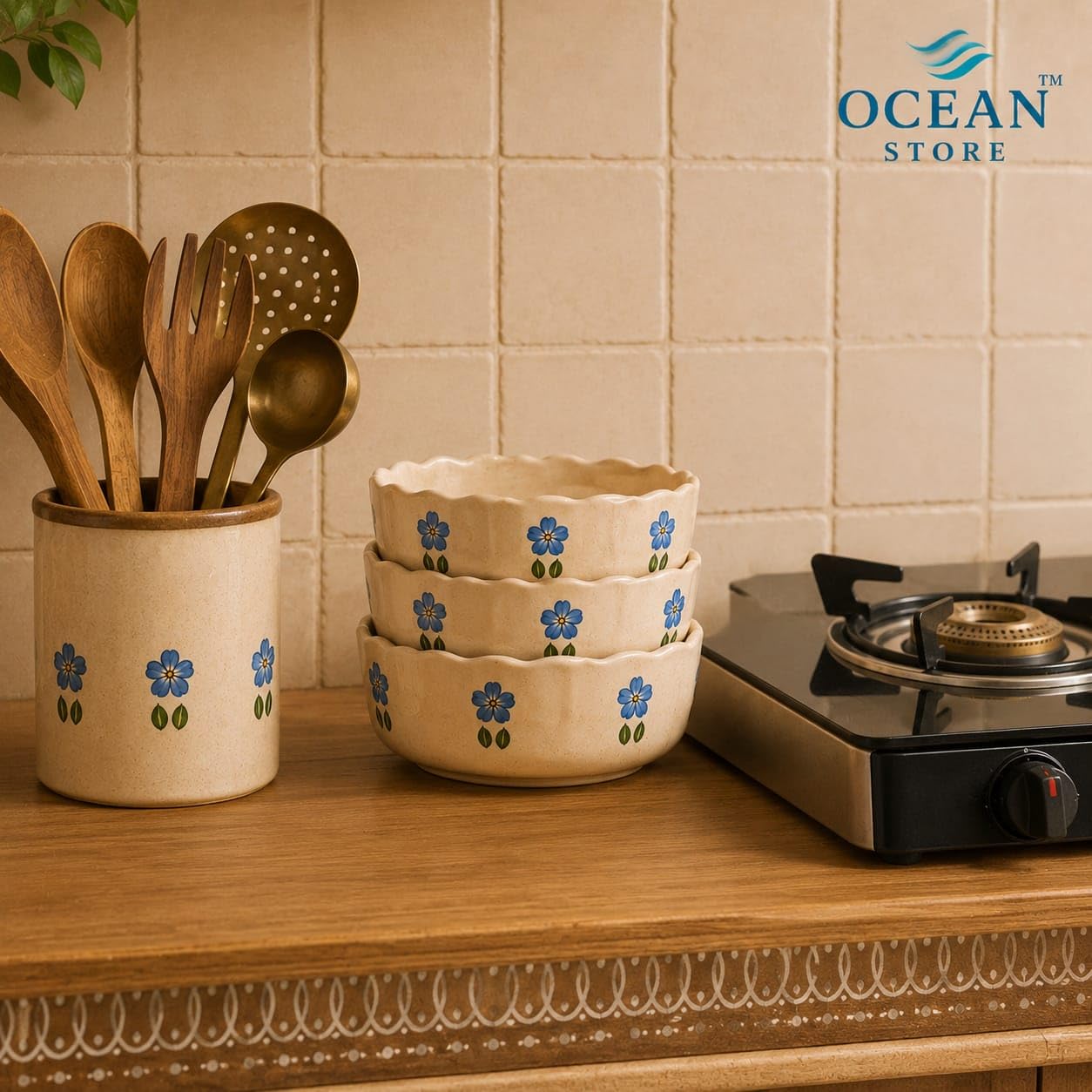 OCEAN STORE Ceramic Hand-Painted Floral Serving Bowl, 250ml, Microwave and Dishwasher Safe, Lead-Free, for Salad, Snack, and Dessert (Botanical Stem, Set of 1)