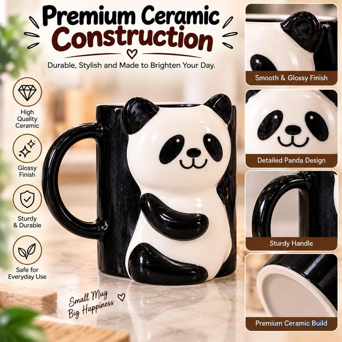 OCEAN STORE Panda Ceramic Coffee Mug, Black and White 3D Animal Design with Handle, Cup for Tea, Coffee and Hot Chocolate, 1 Piece