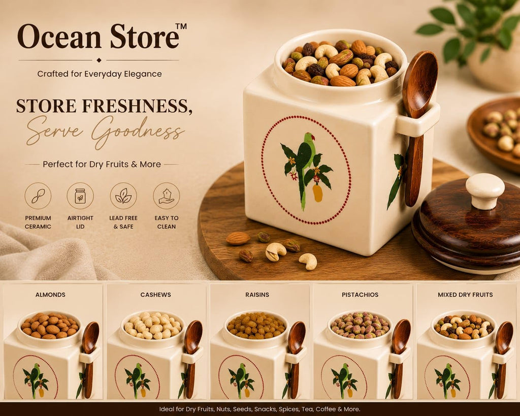 OCEAN STORE Airtight Ceramic Jar with Wooden Lid, 900ml, Cream, Square, Kitchen Container for Sugar, Tea, Salt, Pickles (White)