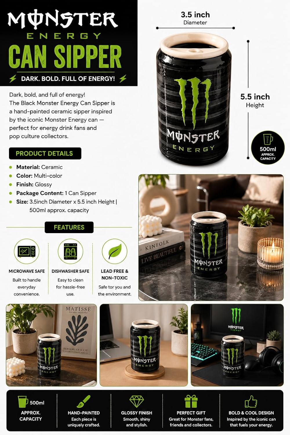 OCEAN STORE Black Energy Drink Can Style Ceramic Sipper, 500ml Hand-Painted Glossy Mug, Microwave & Dishwasher Safe, Lead-Free, Gift for Drink Lovers