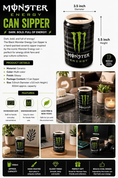 OCEAN STORE Black Energy Drink Can Style Ceramic Sipper, 500ml Hand-Painted Glossy Mug, Microwave & Dishwasher Safe, Lead-Free, Gift for Drink Lovers