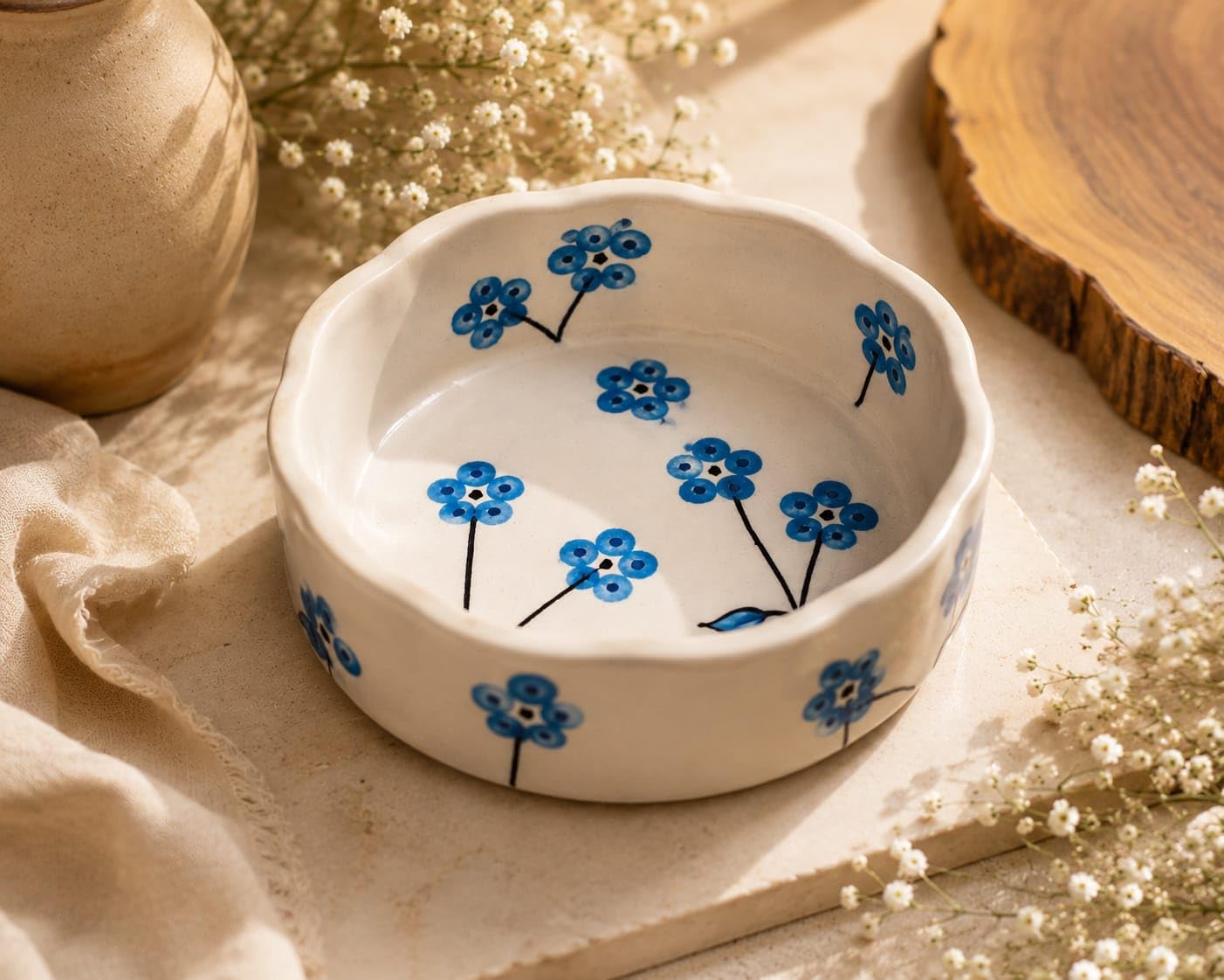 OCEAN STORE Ceramic Hand-Painted Floral Serving Bowl, 250ml, Microwave and Dishwasher Safe, Lead-Free, for Salad, Snack, and Dessert (Botanical Stem, Set of 1)