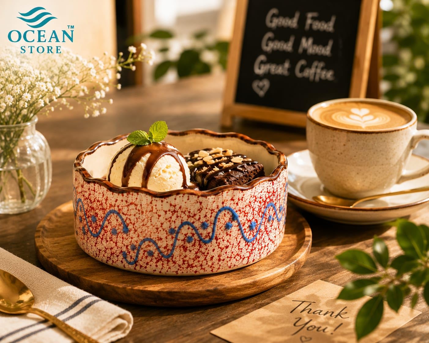 OCEAN STORE Ceramic Multipurpose Bowl 250ml - Hand-Painted Wavy Rim Serving Bowl for Ice Cream, Soup, Snacks, Fruits, Noodles - Microwave & Dishwasher Safe, Food Grade, Chip-Resistant (Single Piece)